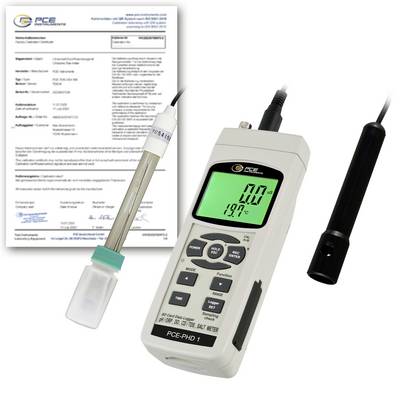 Photomètre pH portable PCE-PHD 1 avec sonde et certificat d'étalonnage, présenté comme un appareil de mesure de laboratoire avec affichage numérique.
