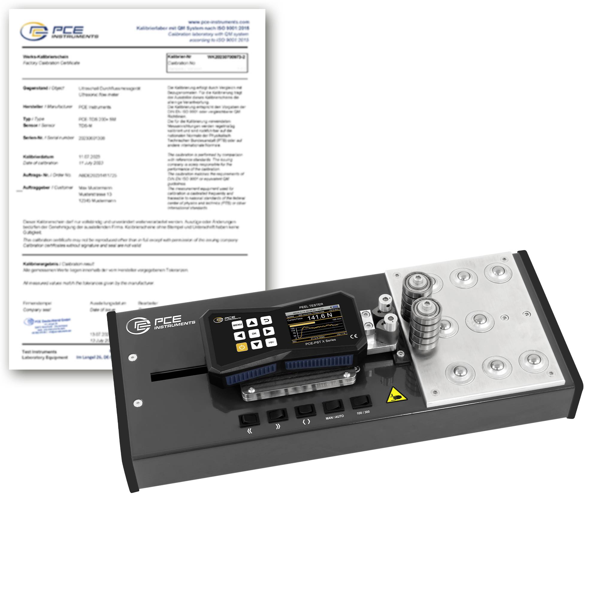 Instrument d'étalonnage PCE montré avec un certificat d'étalonnage derrière, mettant en évidence une configuration de mesure certifiée.