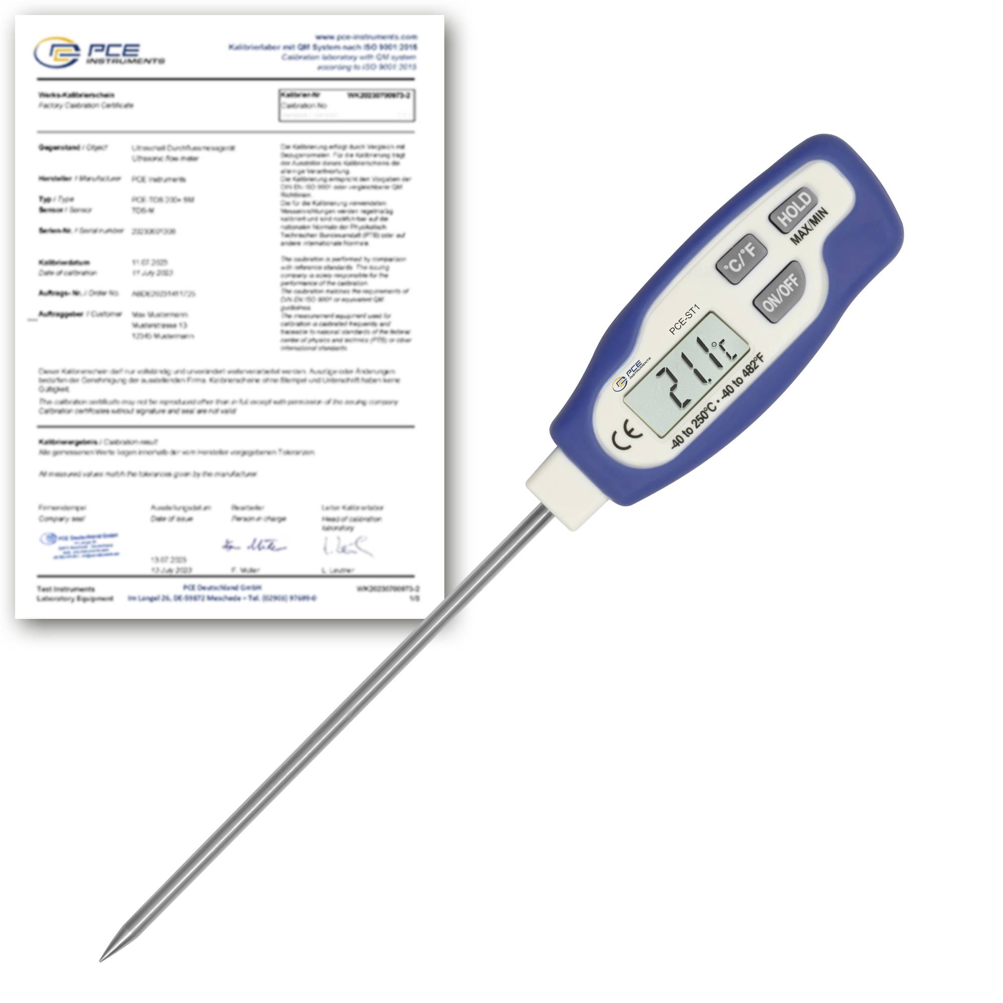 Thermomètre numérique pour aliments affichant 21,1 °C à côté d'un certificat d'étalonnage, indiquant que la sonde est certifiée pour sa précision.