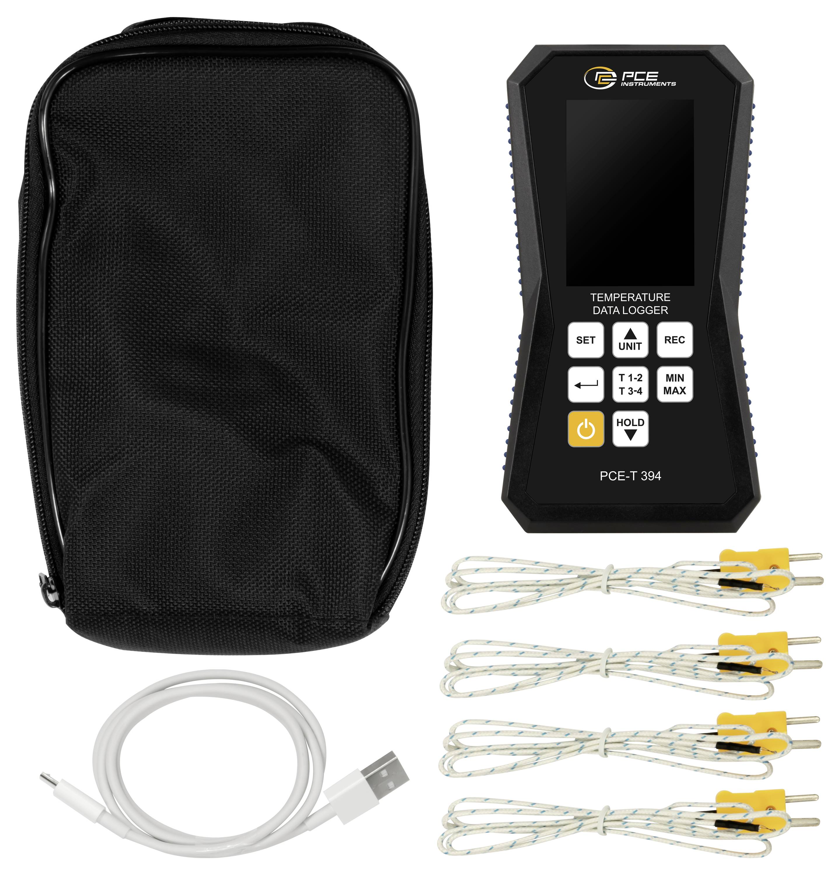 Kit de thermomètre enregistreur de données PCE T-394 avec étui de transport, câble USB et quatre sondes de capteurs.
