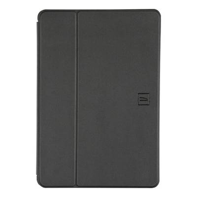 Étui portefeuille noir pour tablette avec rabat avant vertical et petit logo en relief sur le côté droit.