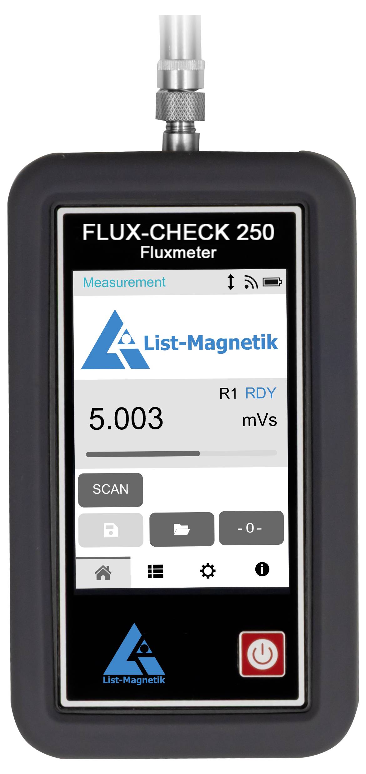 Fluxmètre portatif List-Magnetik FLUX-CHECK 250 affichant une mesure de 5,003 mVs sur son écran.