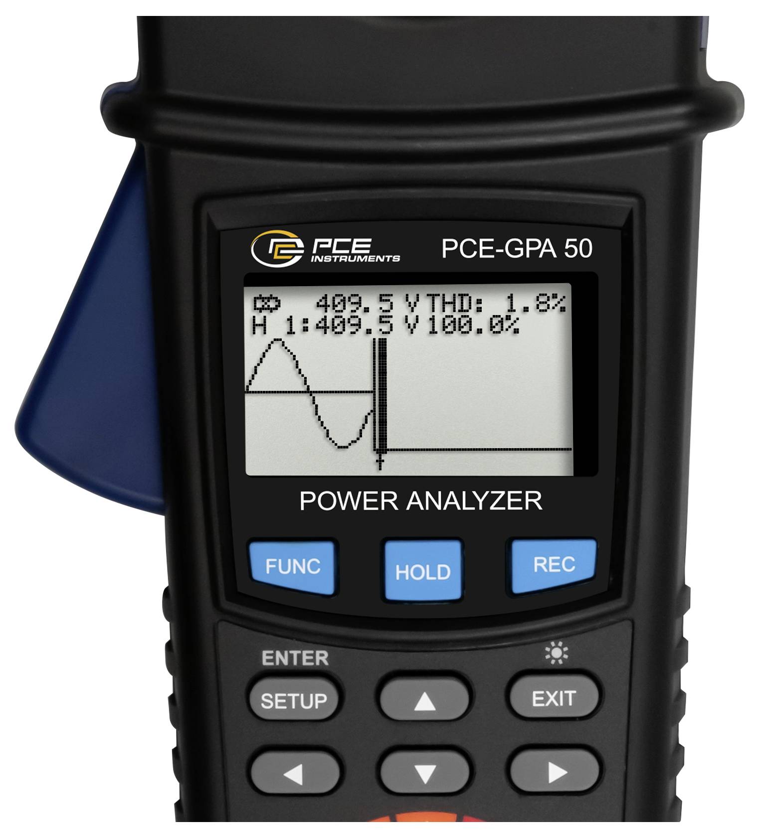 Analyseur de puissance portable PCE-GPA 50 affichant une forme d'onde et des lectures de 409,5 V et THD 1,8 %, avec des boutons de fonction et de contrôle ci-dessous.