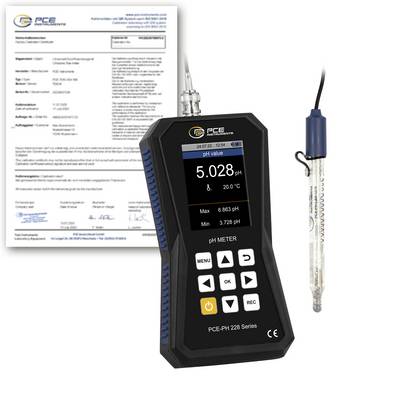 Kit de pH-mètre PCE avec écran portatif, sonde et certificat d'étalonnage ; l'écran affiche pH 5,028 et 20,0°C.