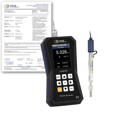 Kit de pH-mètre PCE avec appareil numérique portatif affichant un pH de 5,028, sonde et certificat d'étalonnage