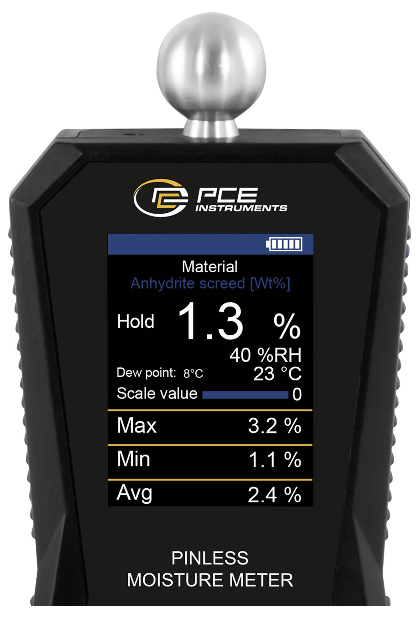 Instruments PCE portatifs affichage du humidimètre sans broches montrant le matériau « Chape anhydrite [% p] » avec lecture maintenue 1,3 %, point de rosée 8°C, 40 % HR, 23°C, et valeurs max/min/moy.