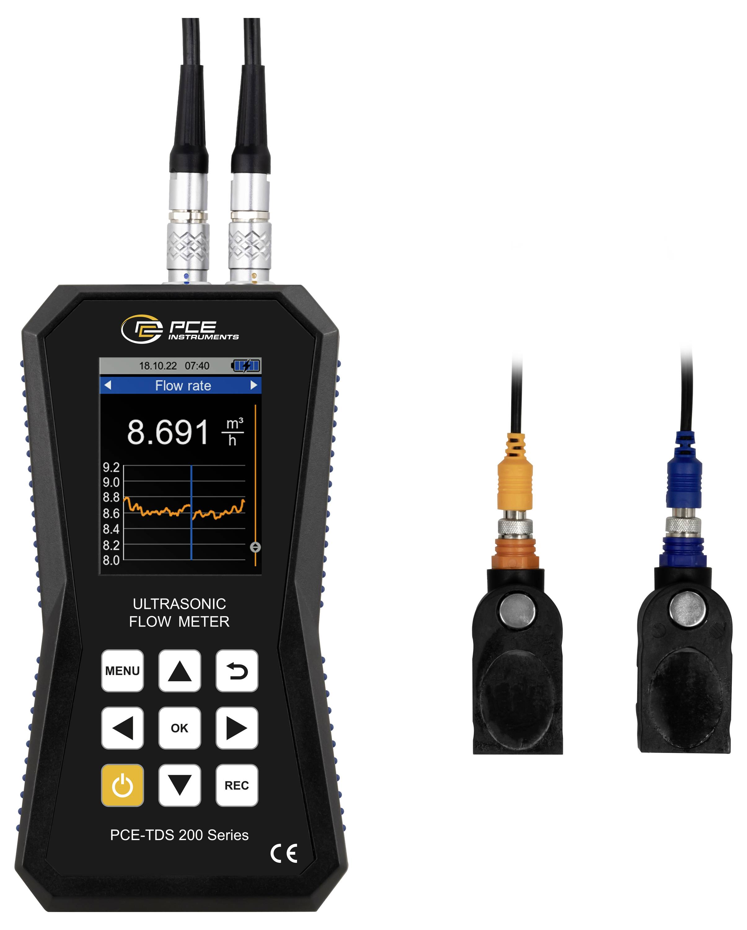 Débitmètre ultrasonique portatif avec écran affichant le « Débit » à 8,691 m³/h, plus deux sondes capteurs sur la droite.