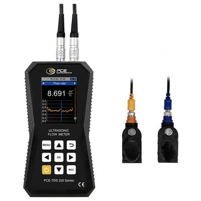Débitmètre ultrasonique portatif avec écran affichant le « Débit » à 8,691 m³/h, plus deux sondes capteurs sur la droite.