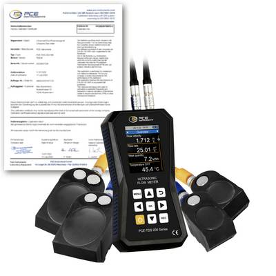 Kit de débitmètre à ultrasons avec affichage portatif, quatre capteurs de serrage, câbles et certificat d'étalonnage pour la mesure du débit dans les tuyauteries.