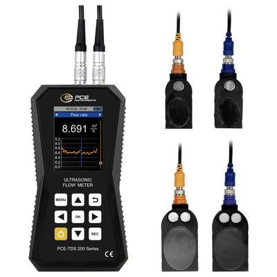 Débitmètre ultrasonique portatif avec écran couleur affichant un débit de 8,691 m³/h, plus quatre vues de sonde capteur avec connecteurs orange et bleu.