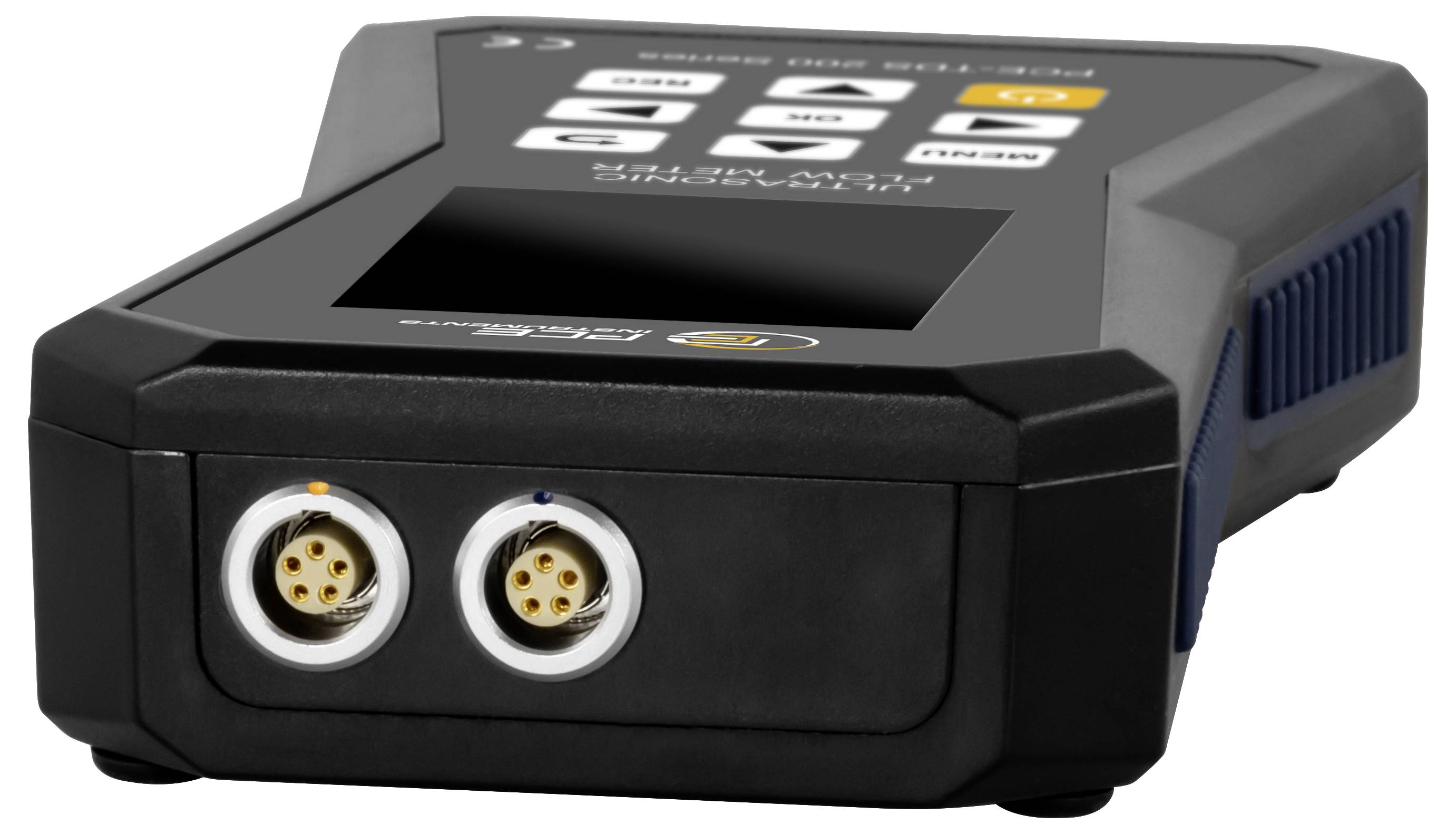 Appareil électronique portable noir avec écran tactile et deux connecteurs circulaires à l'avant, probablement une unité de test ou de contrôle portable.