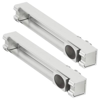 Deux luminaires ou boîtiers linéaires en métal argenté présentés en diagonale sur un fond blanc, chacun avec un capuchon d'extrémité circulaire de couleur foncée.