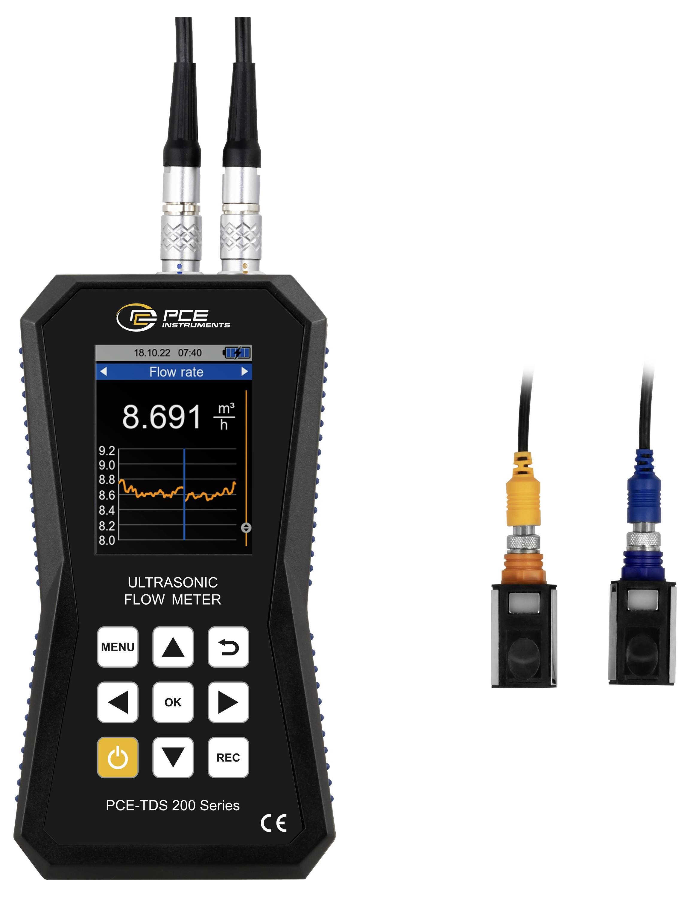 Unité d'affichage de débitmètre ultrasonique PCE portable avec deux capteurs connectés par câble, affichant une lecture de débit de 8,691 m³/h