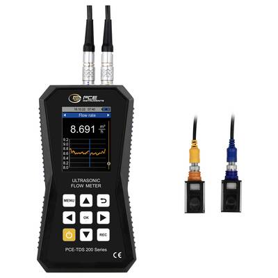 Unité d'affichage de débitmètre ultrasonique PCE portable avec deux capteurs connectés par câble, affichant une lecture de débit de 8,691 m³/h