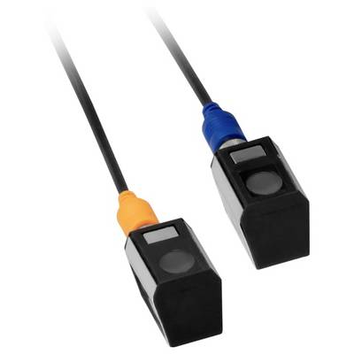 Deux petits capteurs noirs filaires avec des connecteurs de couleur, l'un orange et l'autre bleu, présentés sur un fond blanc.