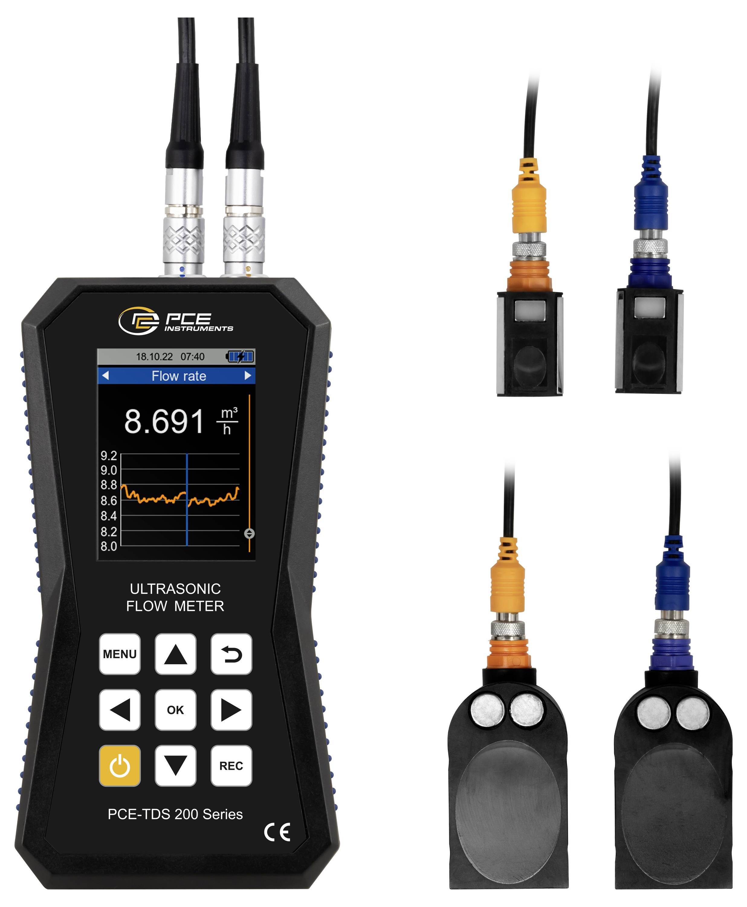Débitmètre ultrasonique portatif avec écran affichant un débit de 8,691 m³/h ; comprend deux sondes capteurs à pince et connecteurs de câble.