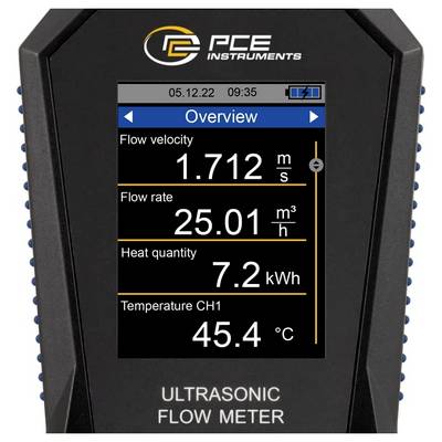 Affichage du débitmètre à ultrasons PCE Instruments montrant un aperçu avec une vitesse d'écoulement de 1,712 m/s, un débit de 25,01 m³/h, une quantité de chaleur de 7,2 kWh et une température de 45,4 °C.