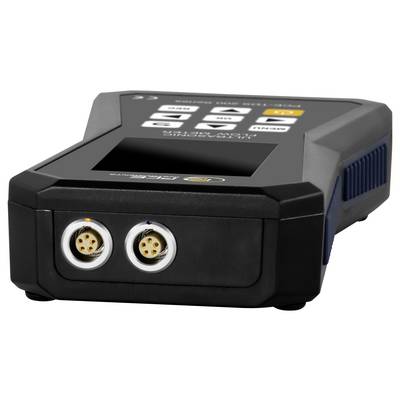Appareil électronique portable noir avec un écran en haut et des boutons de contrôle, équipé de deux ports de connecteur circulaires à l'avant.