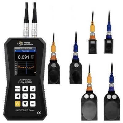 Débitmètre à ultrasons PCE portable avec écran couleur affichant une lecture de 8.691 m³/h, présenté avec quatre sondes de capteur attachées à connecteurs orange et bleu.