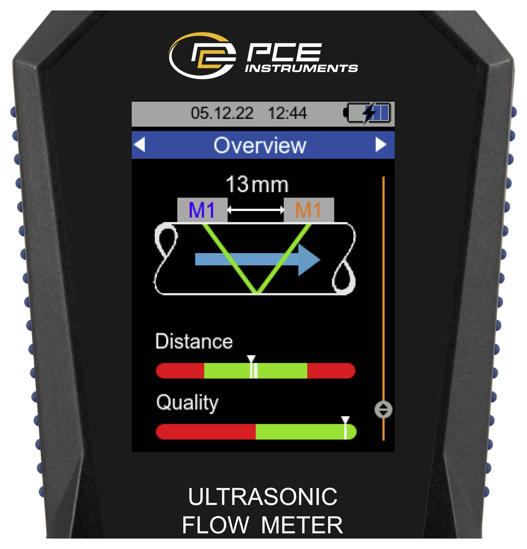 Affichage du débitmètre à ultrasons PCE Instruments montrant une vue d'ensemble, un espacement de tuyau de 13 mm et des barres de distance et de qualité pour la mesure du débit.
