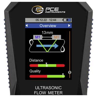 Affichage du débitmètre à ultrasons PCE Instruments montrant une vue d'ensemble, un espacement de tuyau de 13 mm et des barres de distance et de qualité pour la mesure du débit.