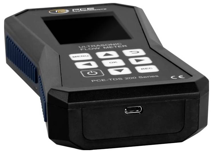Appareil de débitmètre à ultrasons noir avec écran, boutons de contrôle, port USB-C et étiquette « Série PCE-TDS 200 ».