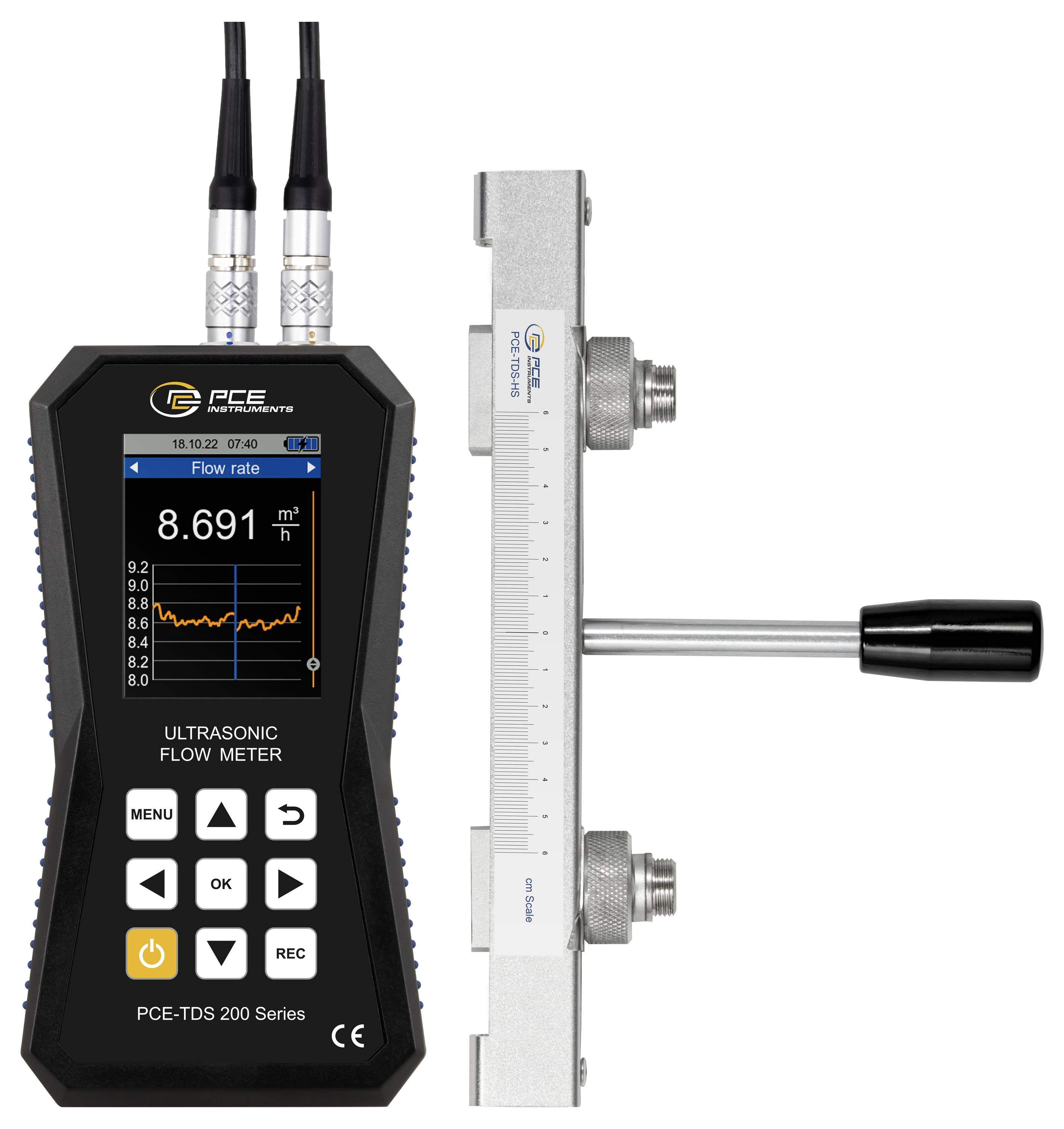 Débitmètre ultrasonique portable avec affichage portatif et sonde de capteur à pincement, affichant une lecture du débit de 8,691 m³/h et un graphique de tendance.