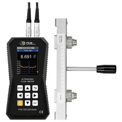 Débitmètre ultrasonique portable avec affichage portatif et sonde de capteur à pincement, affichant une lecture du débit de 8,691 m³/h et un graphique de tendance.