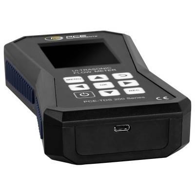 Appareil portatif de débitmètre à ultrasons noir avec écran vierge et boutons de commande étiquetés sur un fond blanc