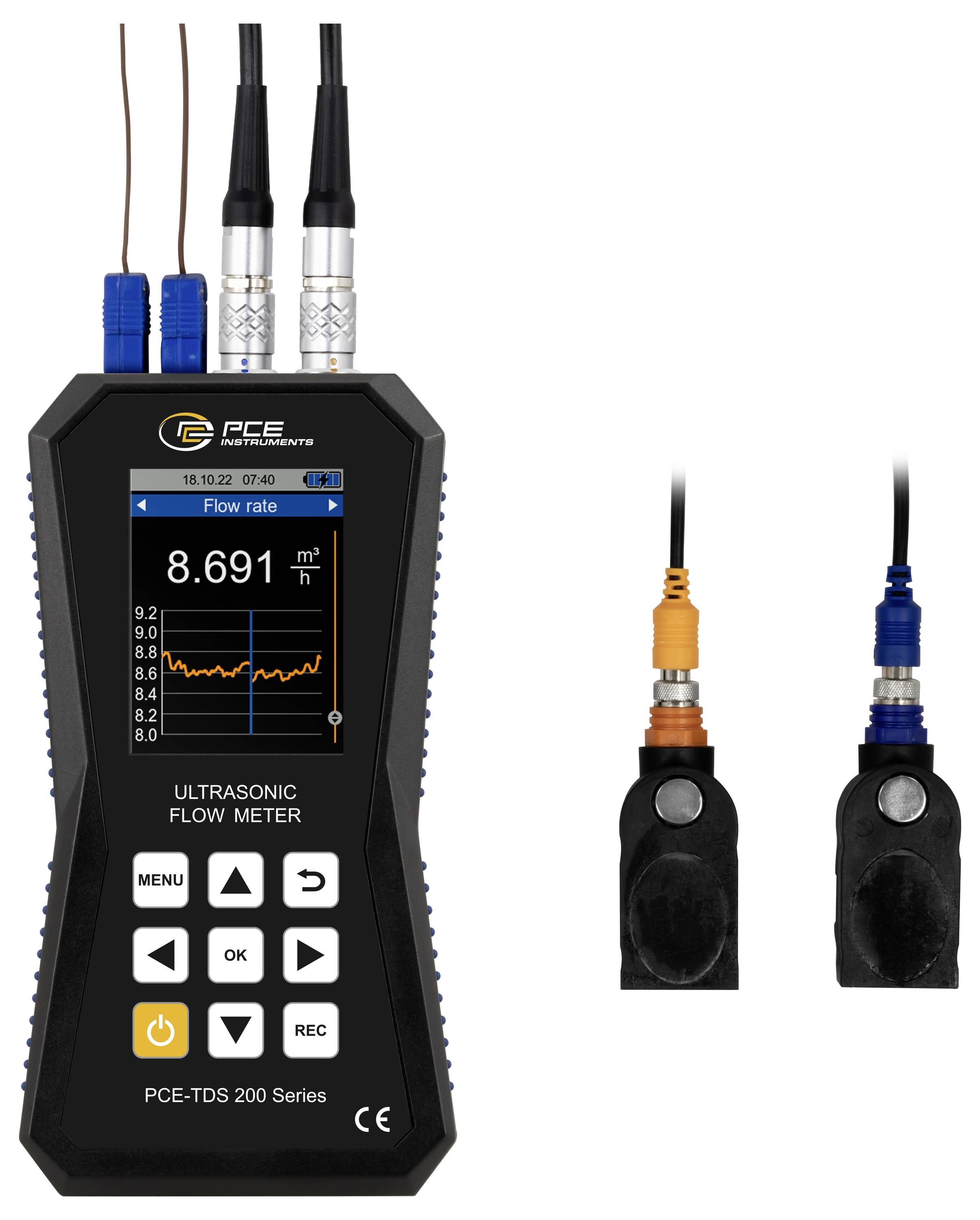 Débitmètre à ultrasons PCE portatif avec écran affichant un débit de 8.691 m³/h, accompagné de deux sondes capteurs attachées à côté.