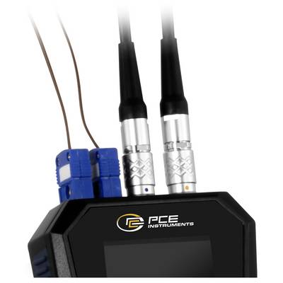 Appareil PCE Instruments portatif avec deux sondes connectées et connecteur bleu, présenté sur fond blanc.