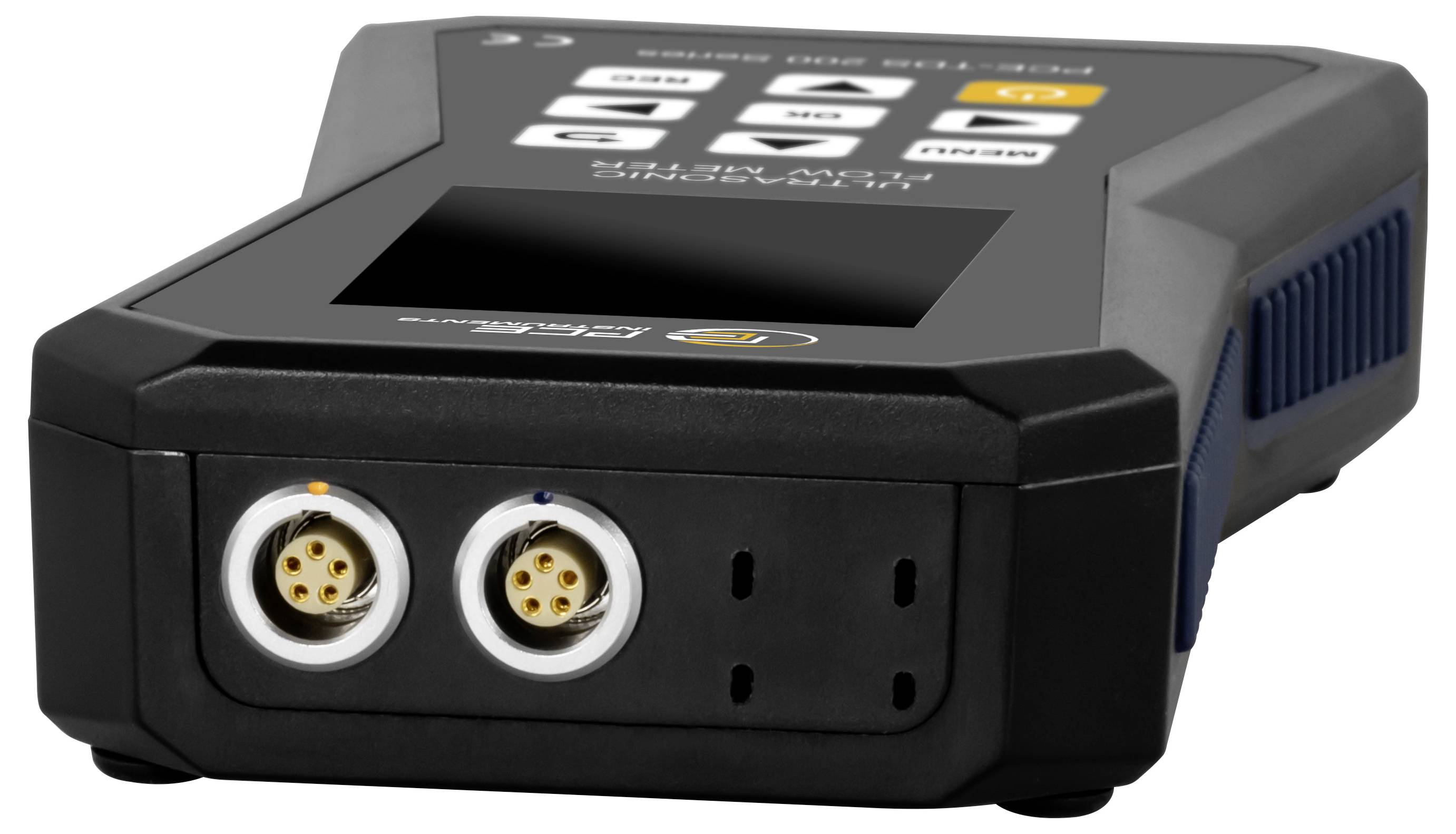 Analyseur électronique portable avec écran et boutons de commande, plus deux connecteurs circulaires frontaux pour brancher des câbles ou des sondes.