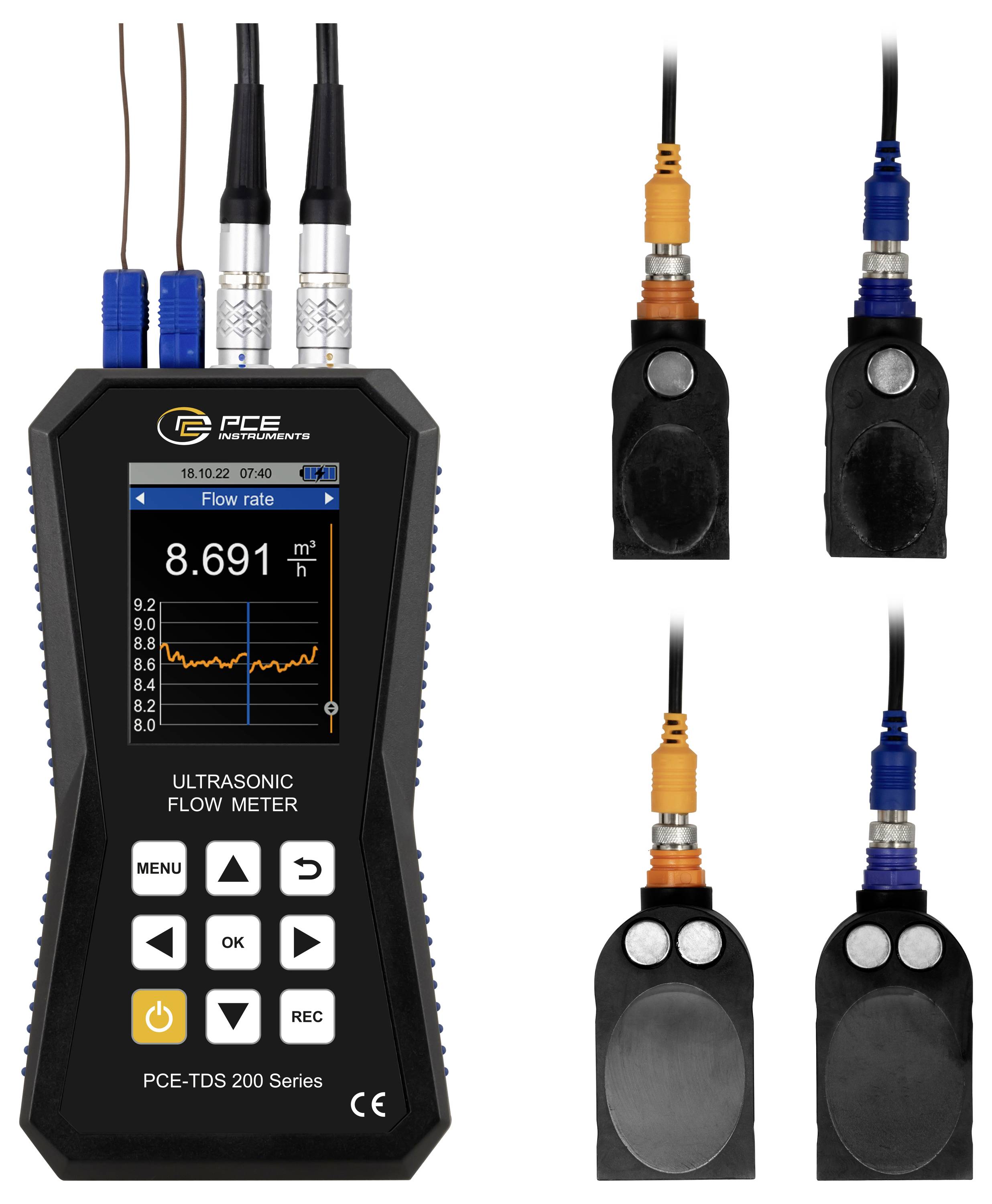 Débitmètre ultrasonique PCE portable affichant le débit en direct à l'écran, avec quatre sondes capteurs attachées affichées à côté.