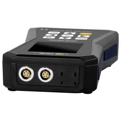 Appareil électronique noir avec écran tactile et boutons de commande étiquetés, doté de deux connecteurs circulaires avant et deux prises de courant.