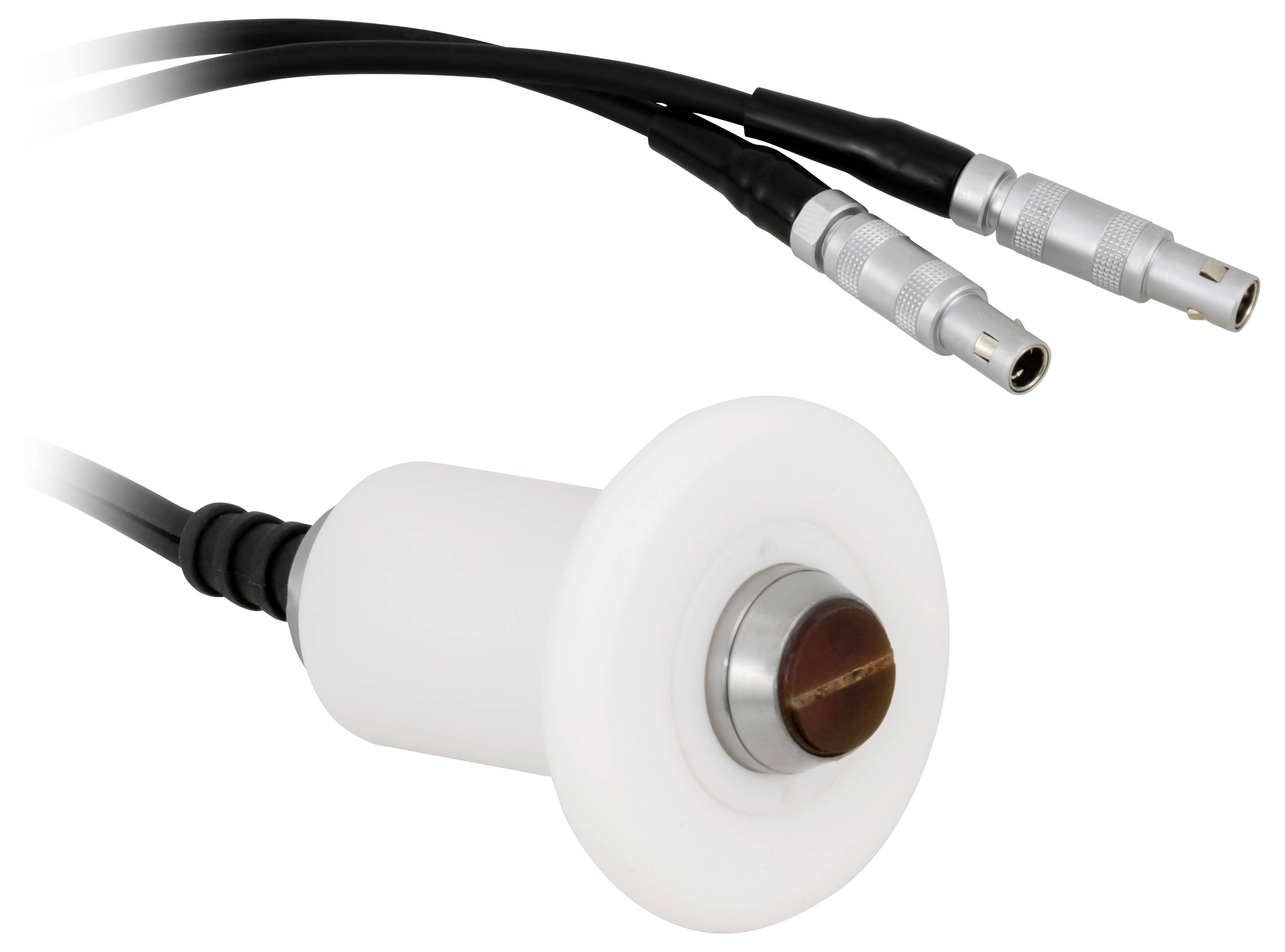 Sonde médicale avec une pointe de ventouse blanche et deux câbles connecteurs noirs attachés sur un fond blanc.