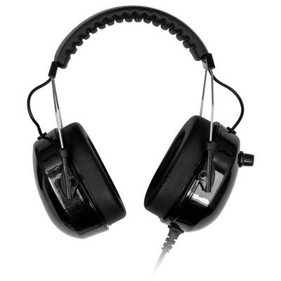 Protège-oreilles noirs supra-auriculaires ou casques de protection auditive avec bandeau rembourré et câble attaché, présentés sur fond blanc.