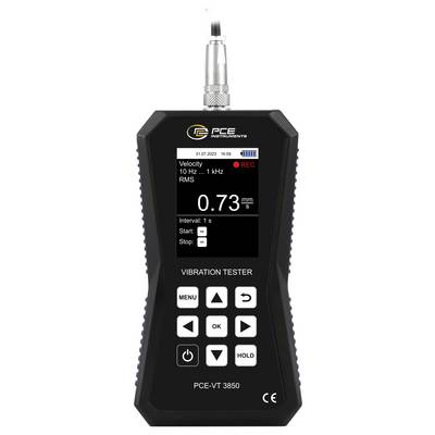 Afficheur de testeur de vibration PCE portatif montrant le mode de vélocité, enregistrement, 0,73 mm/s et intervalle de mesure d'une seconde.