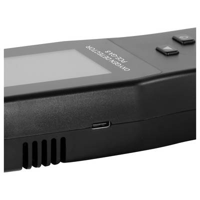 Gros plan d'un détecteur d'ozone portable noir avec écran, boutons de contrôle, fentes de ventilation et port de charge USB-C