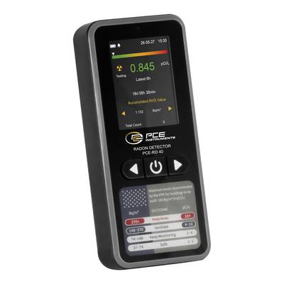 Détecteur de radon des instruments portatifs PCE affichant une lecture de 0,845 pCi/L sur son écran.