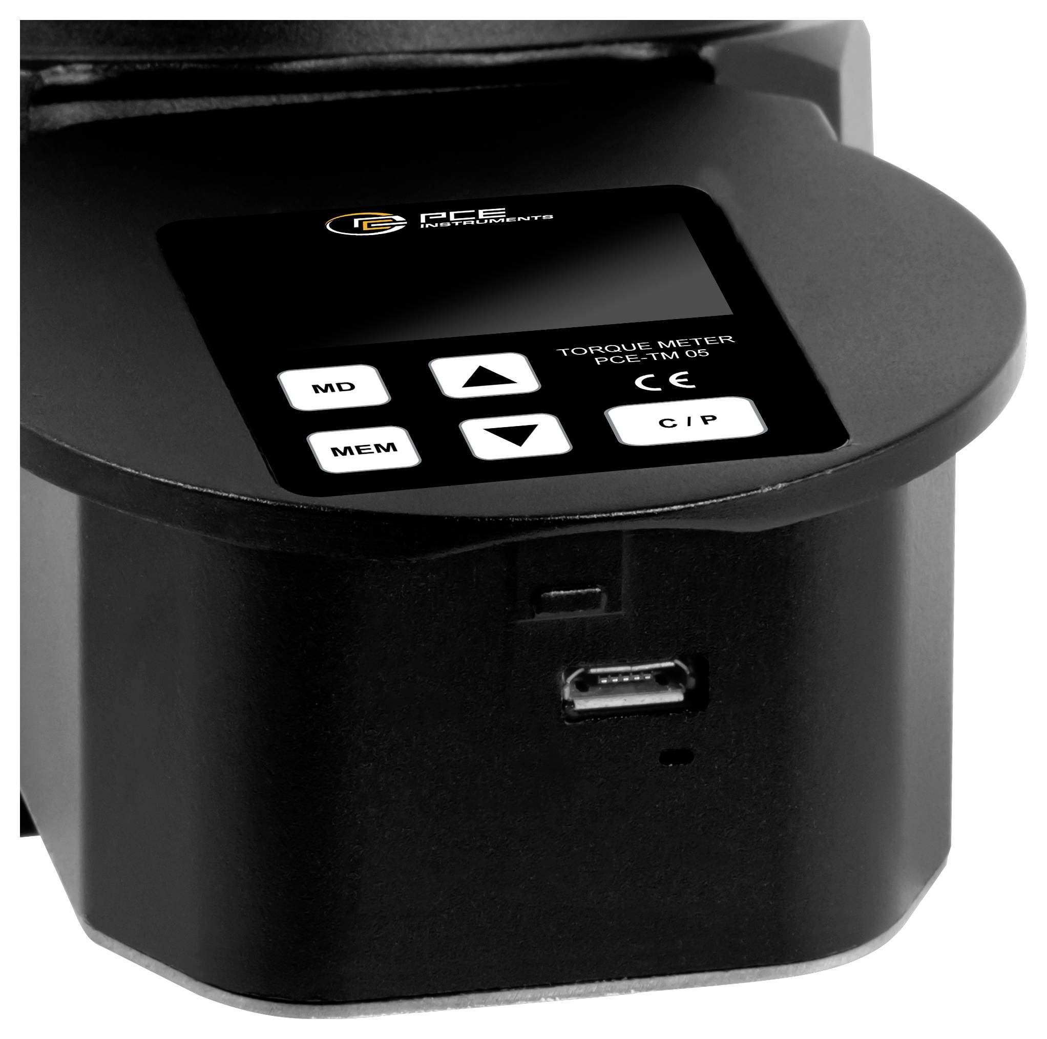 Appareil numérique noir de mesure de couple avec écran et boutons étiquetés MD, MEM, C/P et touches fléchées, présenté en vue de face avec port USB.