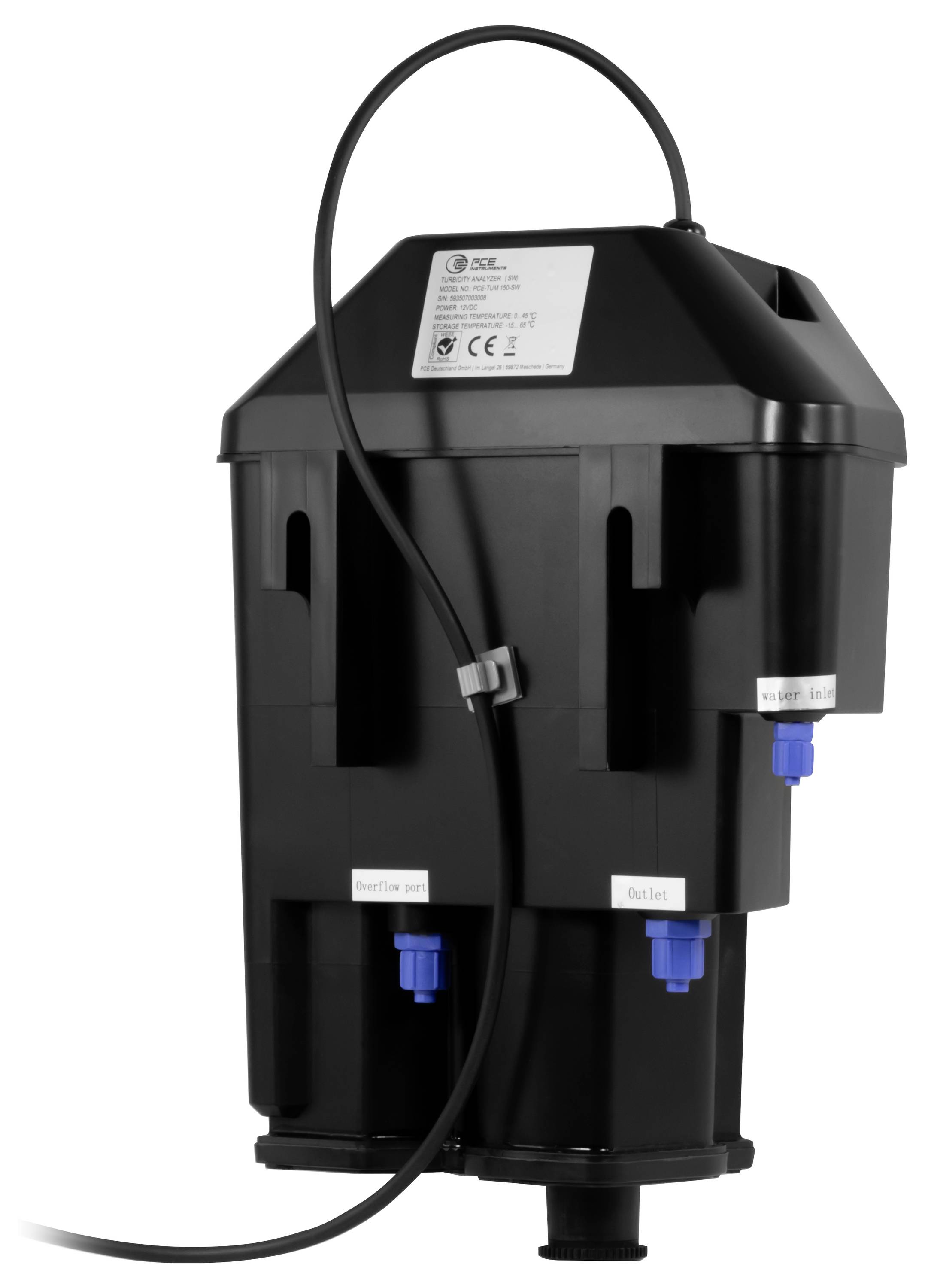 Unité de filtration industrielle noire avec boucle de tuyau et trois raccords de sortie/entrée bleus sur un fond blanc.