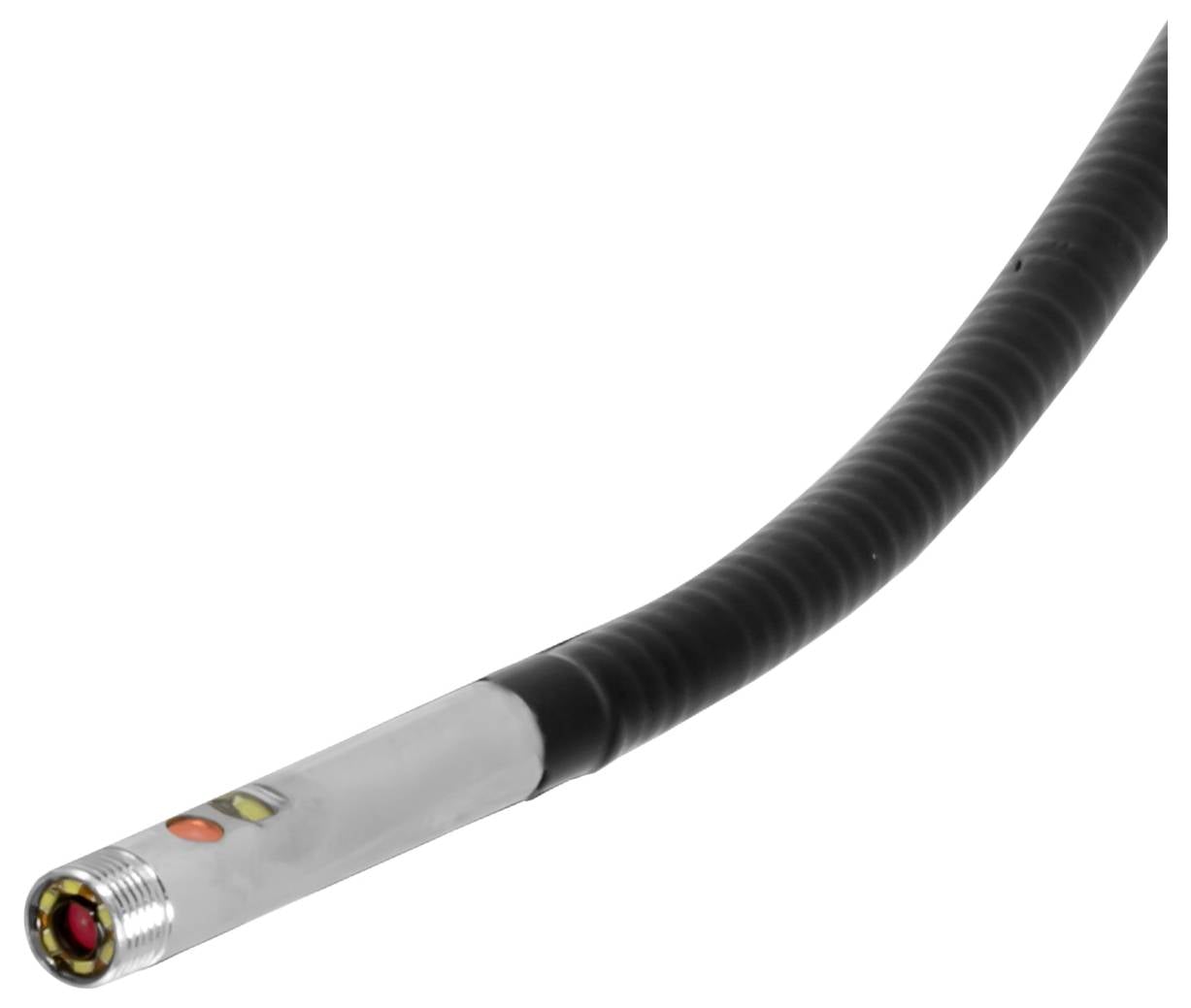Un câble ondulé noir avec un embout de connecteur en métal argenté et de petites voyants lumineux colorés, présenté sur un fond blanc.
