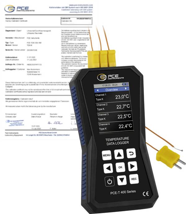 PCE Instruments  PCE-T 420-ICA  PCE-T 420-ICA  Enregistreur de données de température  étalonné (ISO)  Valeur de mesure température  -200 à 1800 °C                fonction PDF