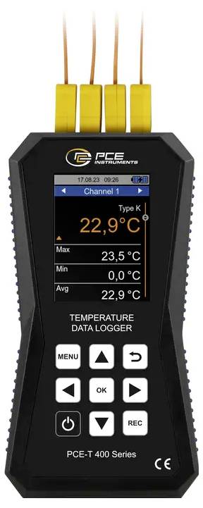 Enregistreur de données de température Handheld PCE affichant une lecture Type K de 22,9°C, avec max 23,5°C, min 0,0°C et moy 22,9°C.