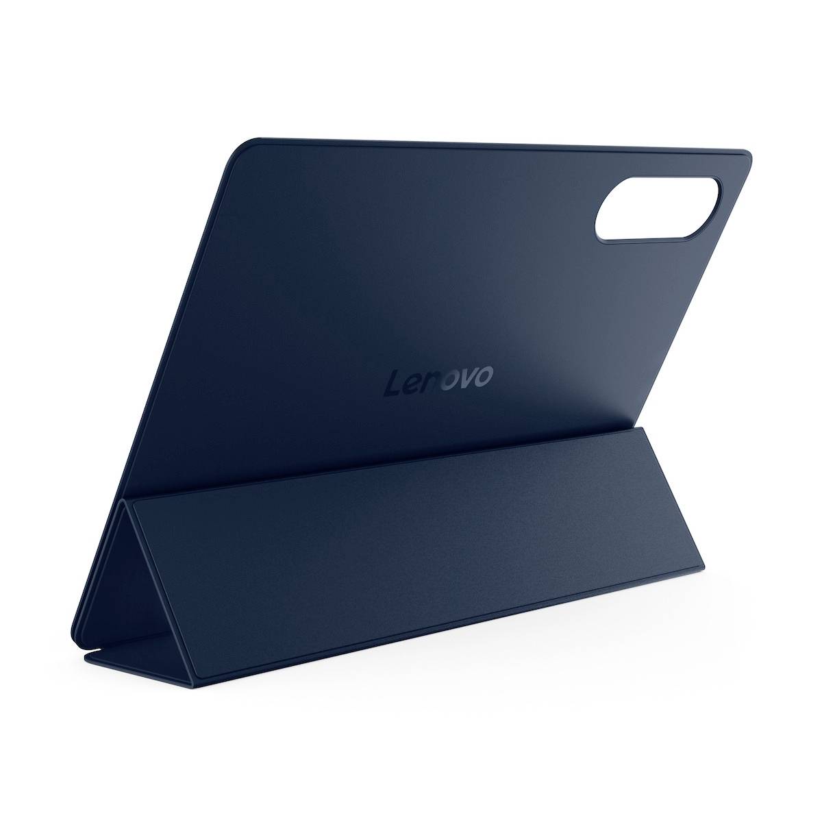 Étui portefeuille Lenovo bleu foncé ouvert montrant une découpe pour caméra arrière sur un fond blanc.