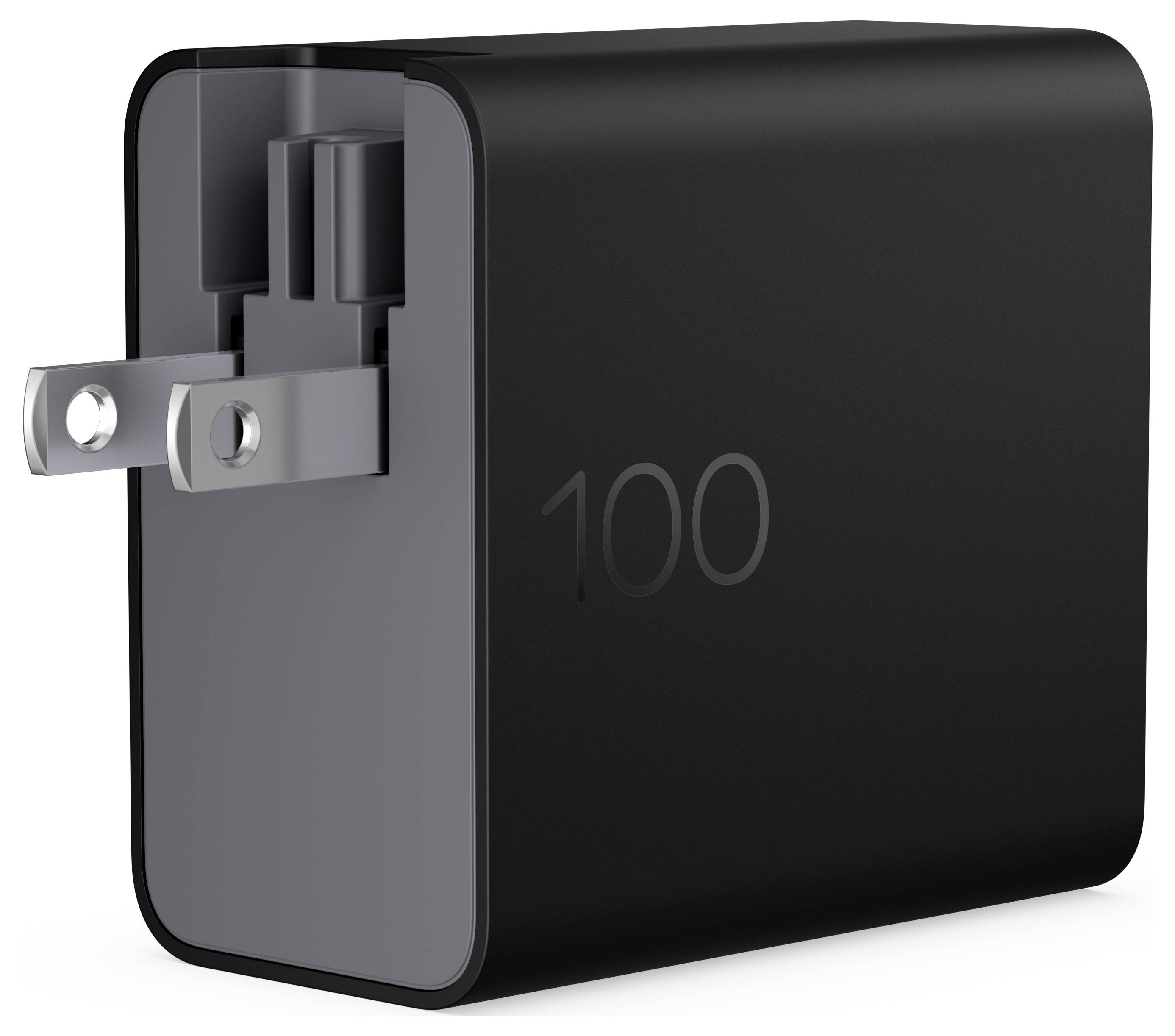 Adaptateur mural noir 100W avec broches de prise repliables présenté dans une image de style produit.