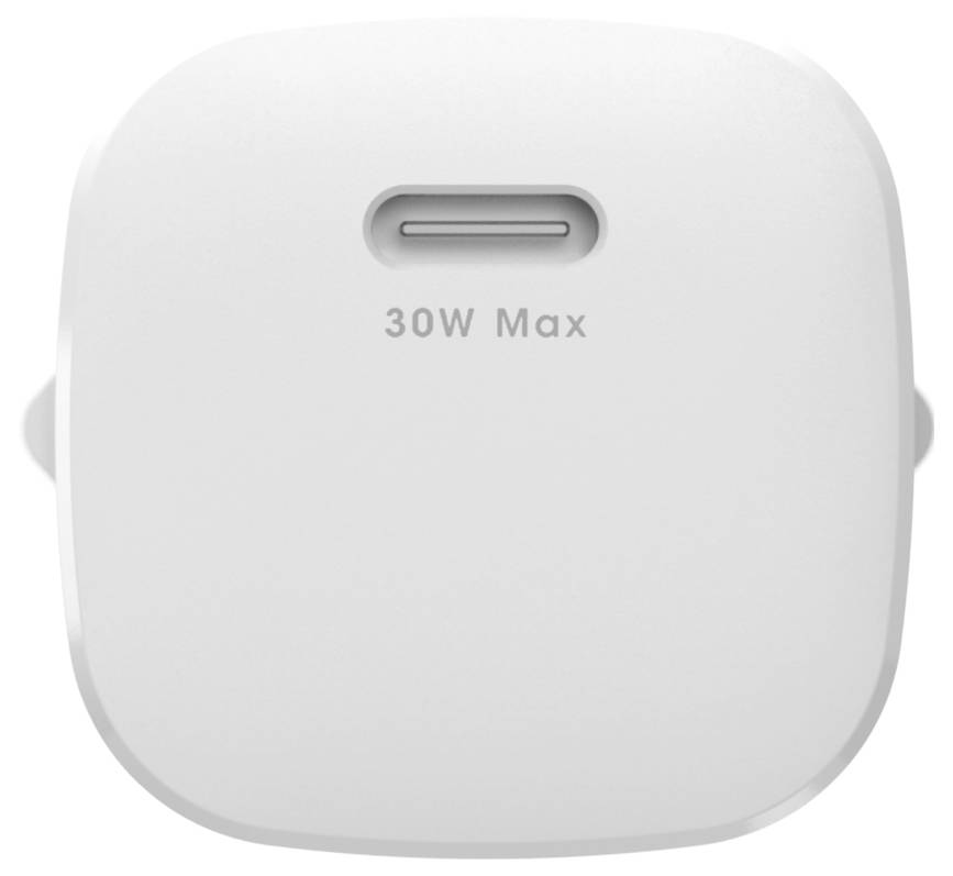 Chargeur mural USB-C blanc carré étiqueté « 30W Max » avec un seul port centré près du haut.