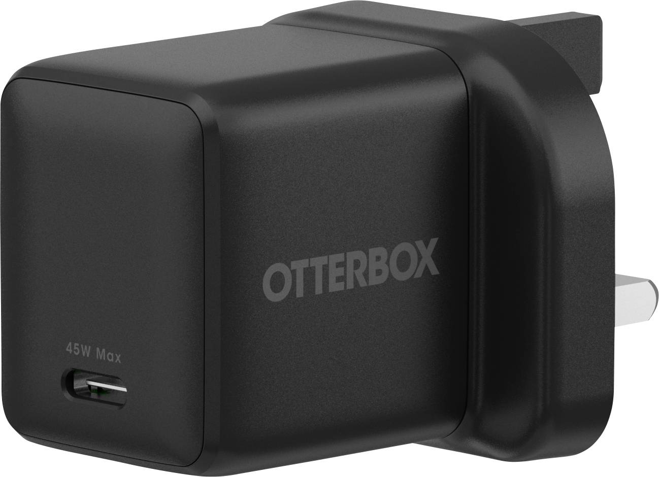 Chargeur mural OtterBox noir avec un port USB-C et des broches pliables, étiqueté 45W Max.