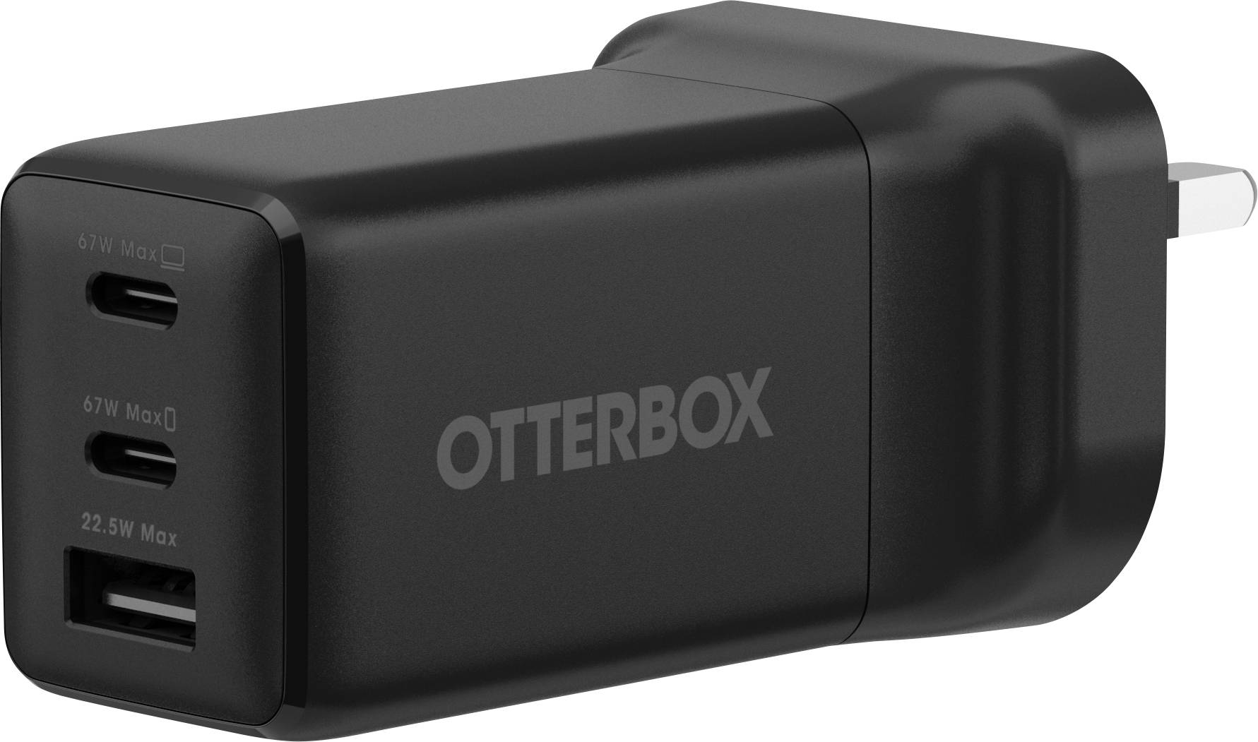 Chargeur mural OtterBox noir avec deux ports USB-C et un port USB-A, étiqueté jusqu'à 67W max.