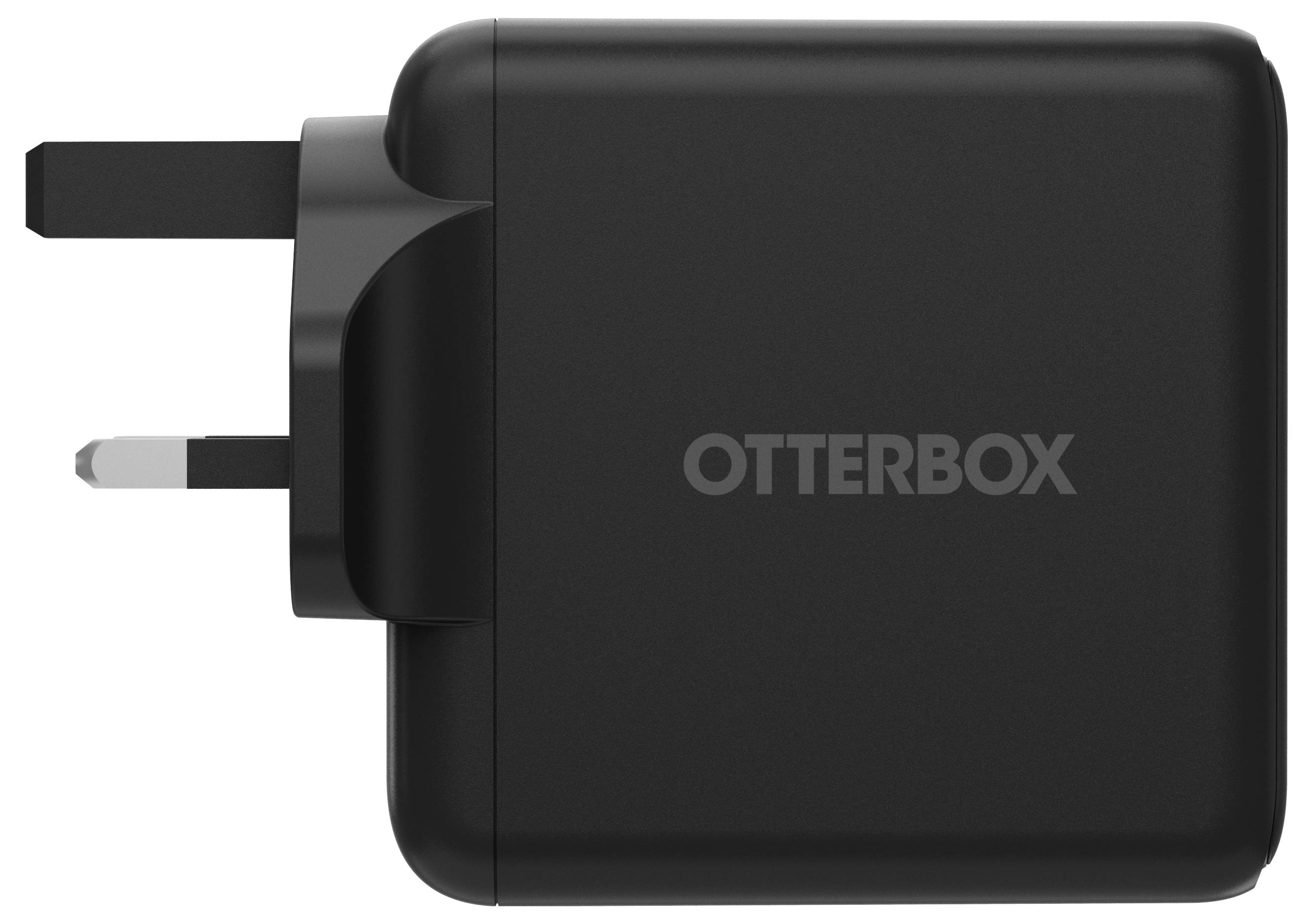 Chargeur mural Black OtterBox avec deux broches, présenté en vue latérale sur un fond blanc.